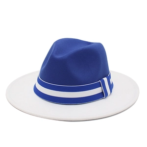 Blue and white two-tone felt fedora hat with wide brim and striped ribbon band
