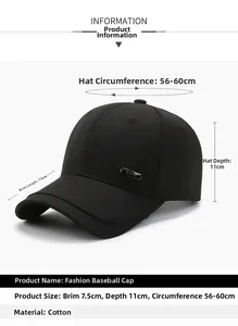 Detail view of cotton baseball cap with G HATS logo and adjustable size parameters