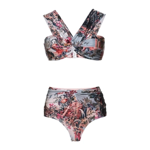 Detail of high-waist two-piece swimsuit with vintage floral print and front knot design