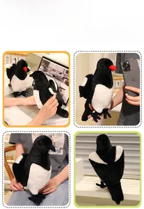 Detailed views of a plush magpie bird toy with realistic black and white soft feathers