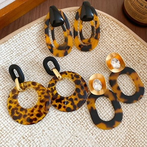Vintage Leopard Print Acrylic Drop Earrings With 925 Sterling Silver Earring Post Retro Geometric Tortoise Shell Resin