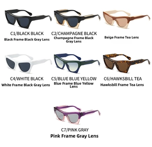 Collection of cat eye sunglasses in seven color variants like tortoise and bicolor designs