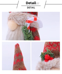 Detail showing knitted snowflake hat, red berries, and festive candy cane on Christmas gnome