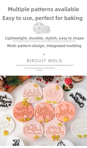 Nahaufnahme von Merry Christmas Fondant-Stempeln mit pastellfarbenen Festtagskeksen