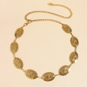 Vintage gold metal waist chain with embossed oval plates for women's dresses