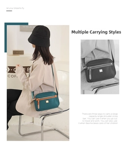 Detail of blue nylon crossbody bag featuring front zipper pockets and multiple carrying styles