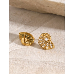 18K gold plated stainless steel conch earrings with sparkling rhinestones on stone background