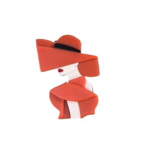 Acrylic acetate fashion lady brooch featuring an orange wide-brimmed hat and profile