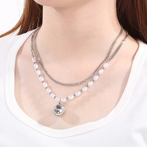 Minimalist double-layer stainless steel necklace featuring silver metal beads and white pearls