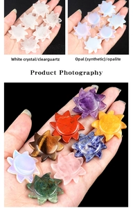 Handheld carved sun-shaped gemstones in amethyst, opalite, and tiger eye stone