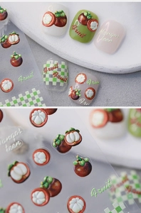 3D relief nail art stickers featuring realistic mangosteen fruit and alphabet patterns