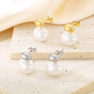French style baroque pearl stainless steel stud earrings in gold and silver finish