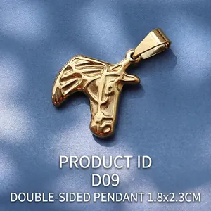 Detailed macro view of an 18K gold plated horse head pendant with D09 sizing