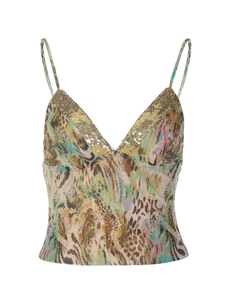 Macro shot of leopard print camisole featuring V-neckline and shiny gold sequins