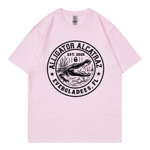 Close-up of vintage black logo printed on pink round neck short sleeve cotton T-shirt