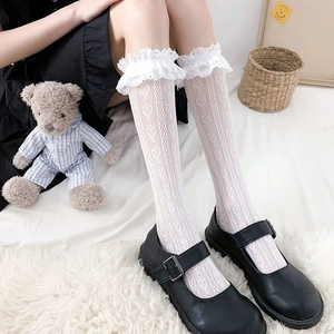 White Lolita lace trim knee high socks with heart pattern jacquard and double ruffles
