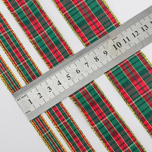 Christmas plaid ribbon with gold edges in red and green for DIY gift wrapping, 25mm wide