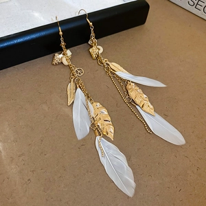 Detail shot of elegant long feather tassel earrings with golden metal finish on textured base