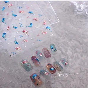 Detail view of M-641 ocean-themed nail stickers with 3D dolphin and bubble embossed designs