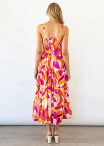 Detailed back view of a colorful floral sundress featuring a smocked elastic bodice and thin straps