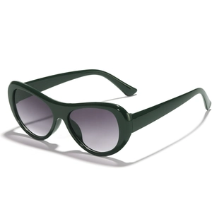 Dark green oval sunglasses with thick frames and grey gradient lenses on white backdrop