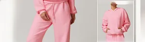 Detailansicht des rosa Lounge-Sets mit elastischem Kordelzugbund und weichem Strickstoff