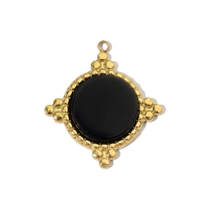 Detailed macro view of a round black natural stone pendant with gold beaded metal edges