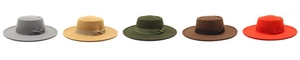 Detailed flat lay of flat-top wool felt fedora hats in five diverse elegant colors