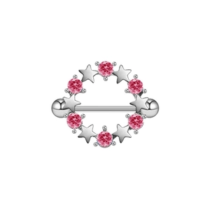 Detail of silver nipple shield ring featuring a pink gemstone and five-pointed star design