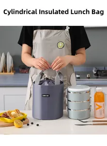 Detail of insulated cylindrical lunch bag with drawstring closure and hand-held strap