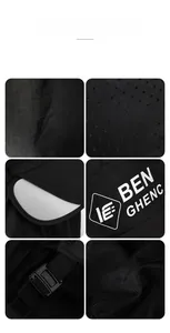 Dettaglio del cappello outdoor nero con tessuto a rete, logo e fibbia regolabile