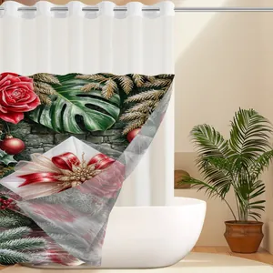 Detailed Christmas shower curtain featuring festive red roses, pine needles and gift boxes