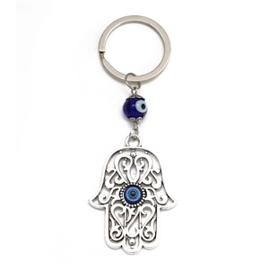 Portachiavi Mano di Fatima argento con amuleto blu Evil Eye e perline decorative