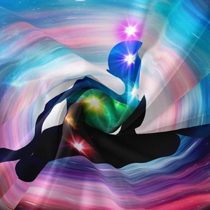 Detailed close-up of a colorful yoga tapestry featuring an abstract silhouette with chakras