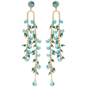 Elegant gold drop earrings with turquoise beads and green stone tassels in long style