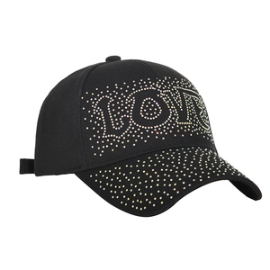 Black baseball cap with colorful rhinestone LOVE letters and sparkling sun visor trim