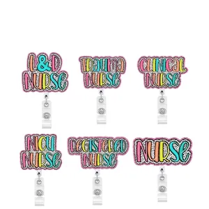 Nurse acrylic badge reels with pink glitter and professional titles in six unique styles