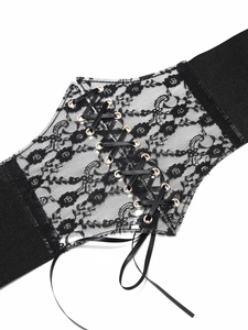 Detail of floral lace corset belt with lace-up ribbon and wide elastic band for women