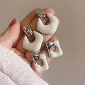 Hollow Geometric Earrings With 925 Sterling Silver Earring Post Alloy White Enamel Retro Minimalist Jewelry For Women