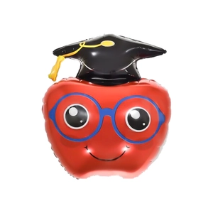 Red apple graduation foil balloon with black mortarboard and blue glasses for party