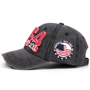 Vintage dark grey washed denim baseball cap with 64 embroidery and US flag patch