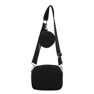 Black nylon crossbody bag with heart embossing, wide strap and small coin purse set