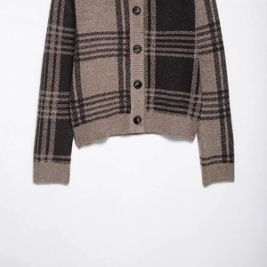 Women's classic brown and black checkered knit cardigan with buttons for autumn and winter