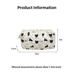 Detailed dimension guide for the quilted cartoon makeup bag showing 19x9x6.5cm measurements
