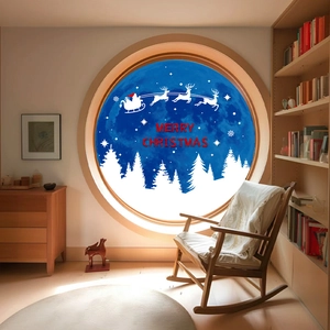 Christmas Window Stickers Round Blue Static Cling Glass Decals Reindeer Santa Claus Forest For Holiday Home Party Decor
