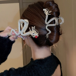 Elegant silver dragon hair claw clip with rhinestones and red bead for women