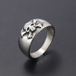 Detail shot of gothic skull relief on vintage stainless steel ring for men