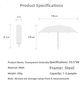 Size chart showing dimensions and technical specifications of the 3-fold clear PEVA umbrella