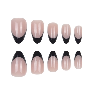 French tip almond press-on nails in nude and black with high glossy finish