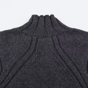 Dark grey sleeveless knitted long vest with high neck and ribbed shoulder detail